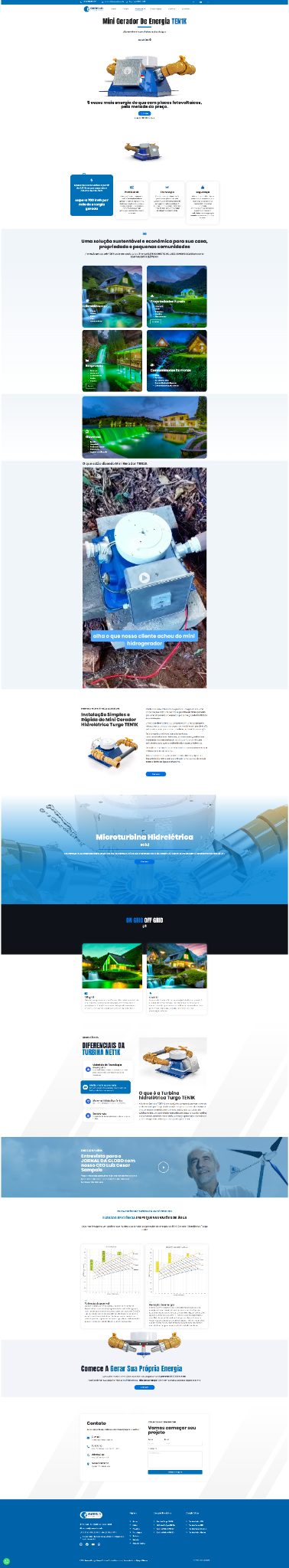 Landing page para mini gerador hidrelétrico TEN1K exibida em sua sequência completa