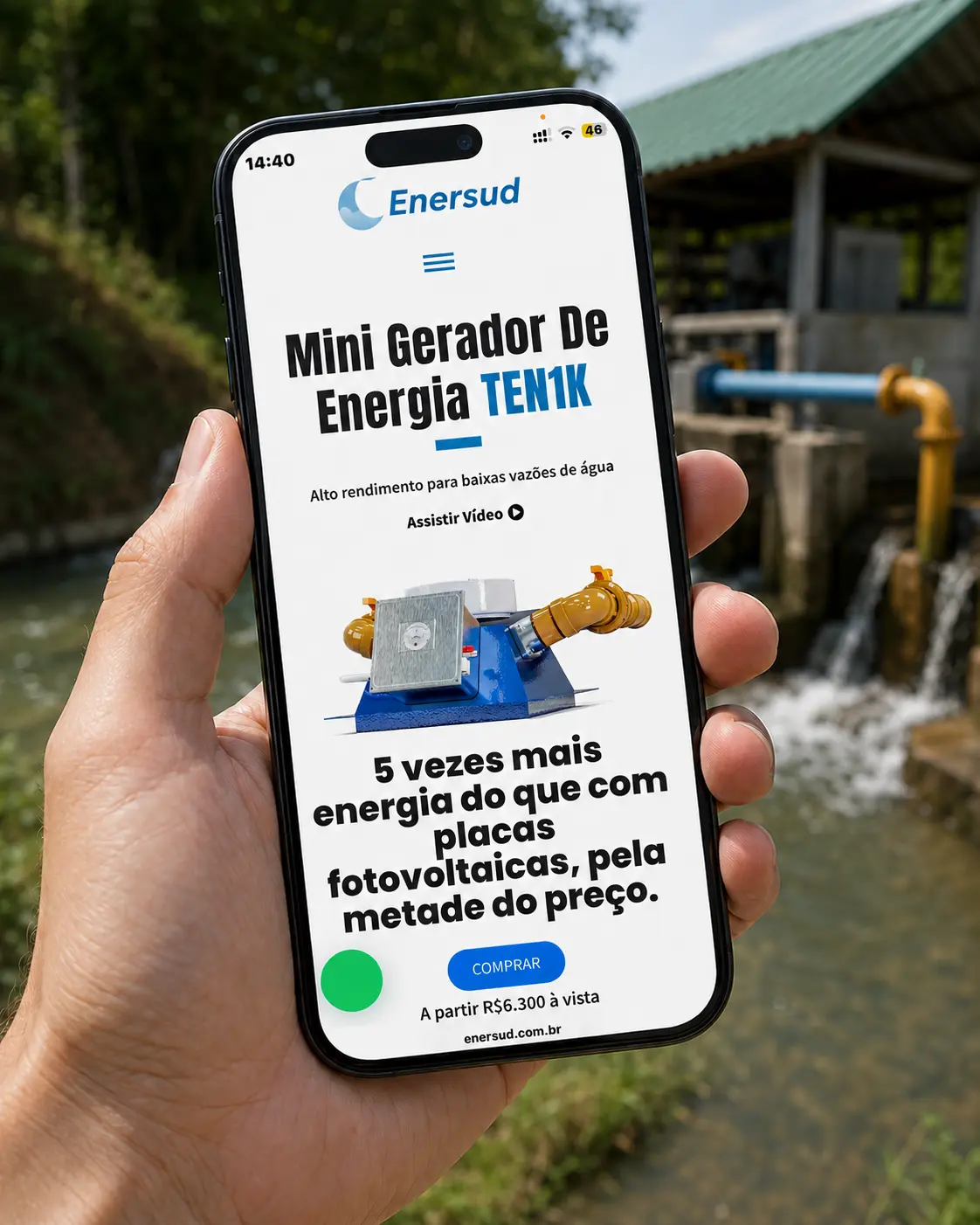 Mockup de celular na mão exibindo a versão mobile da landing page TEN1K