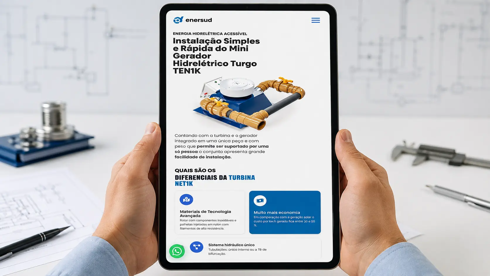 Mockup de tablet apresentando seções e renderização 3D do produto TEN1K