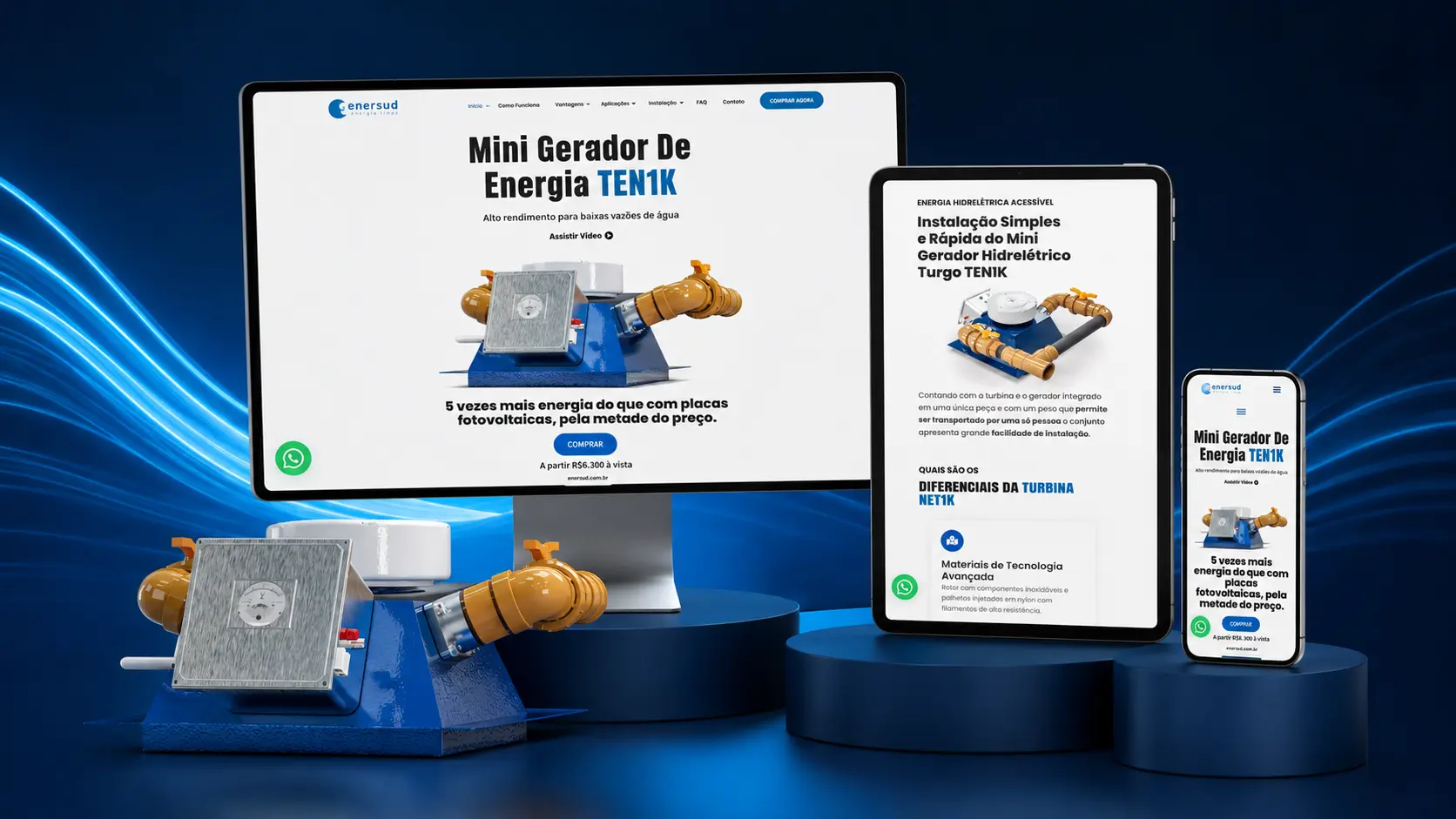 Landing page TEN1K apresentada em computador, tablet e celular ao lado do produto