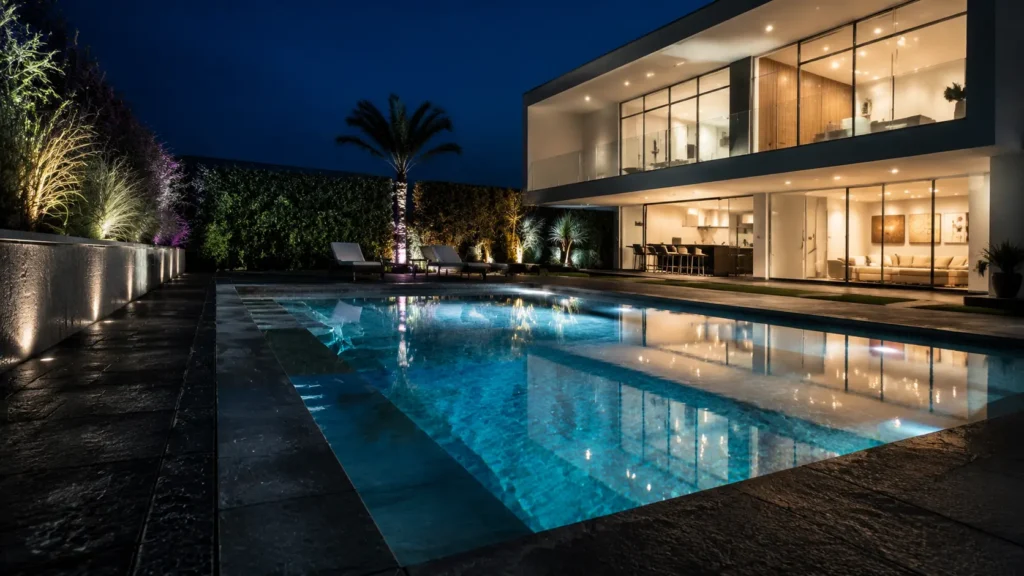 Piscina personalizada iluminada em residência contemporânea representando o projeto da Creativity Pools