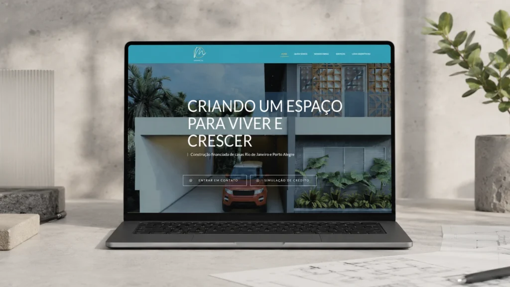 Mockup de criação de site para construtora exibido em notebook