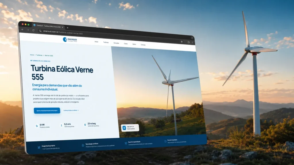 Landing page para turbina eólica Verne 555 apresentada em composição editorial