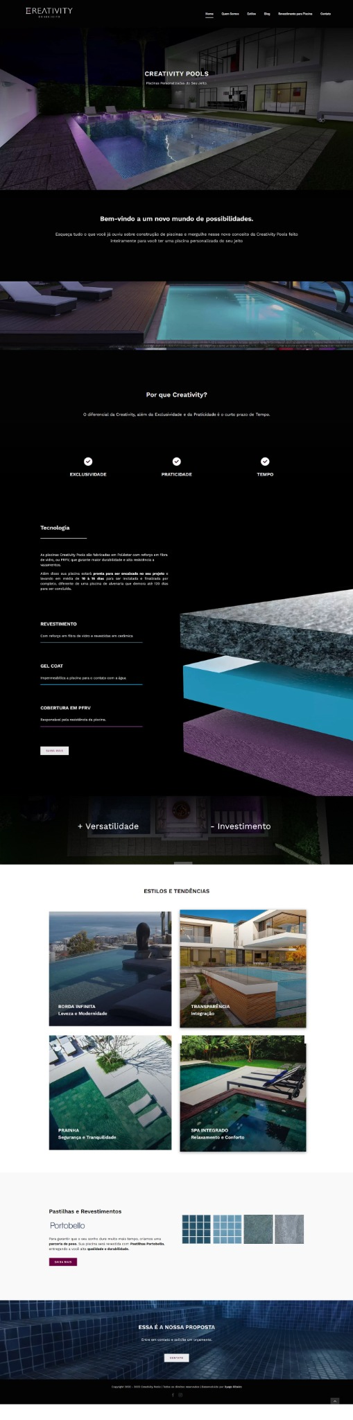 Criação de site para empresa de piscinas com a página completa da Creativity Pools