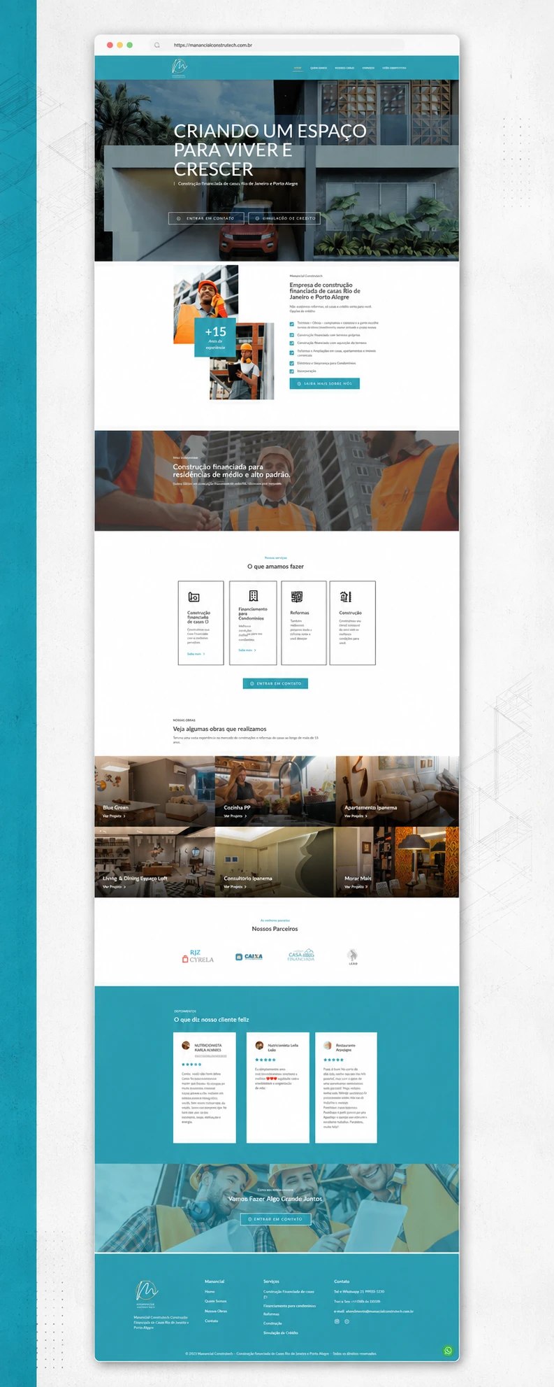 Página completa do site institucional da Manancial Construtech em desktop