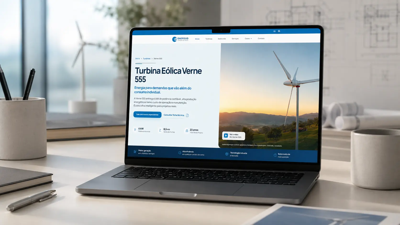 Mockup desktop do site da turbina eólica Verne 555 em notebook