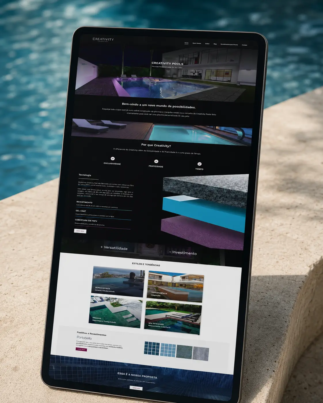 Mockup de tablet exibindo a apresentação visual do site da Creativity Pools