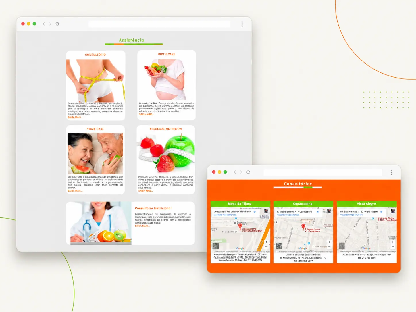 Detalhes das seções de assistência e consultórios do site da nutricionista