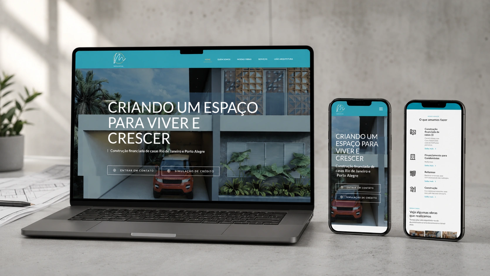 Site institucional da Manancial Construtech apresentado em notebook e celulares