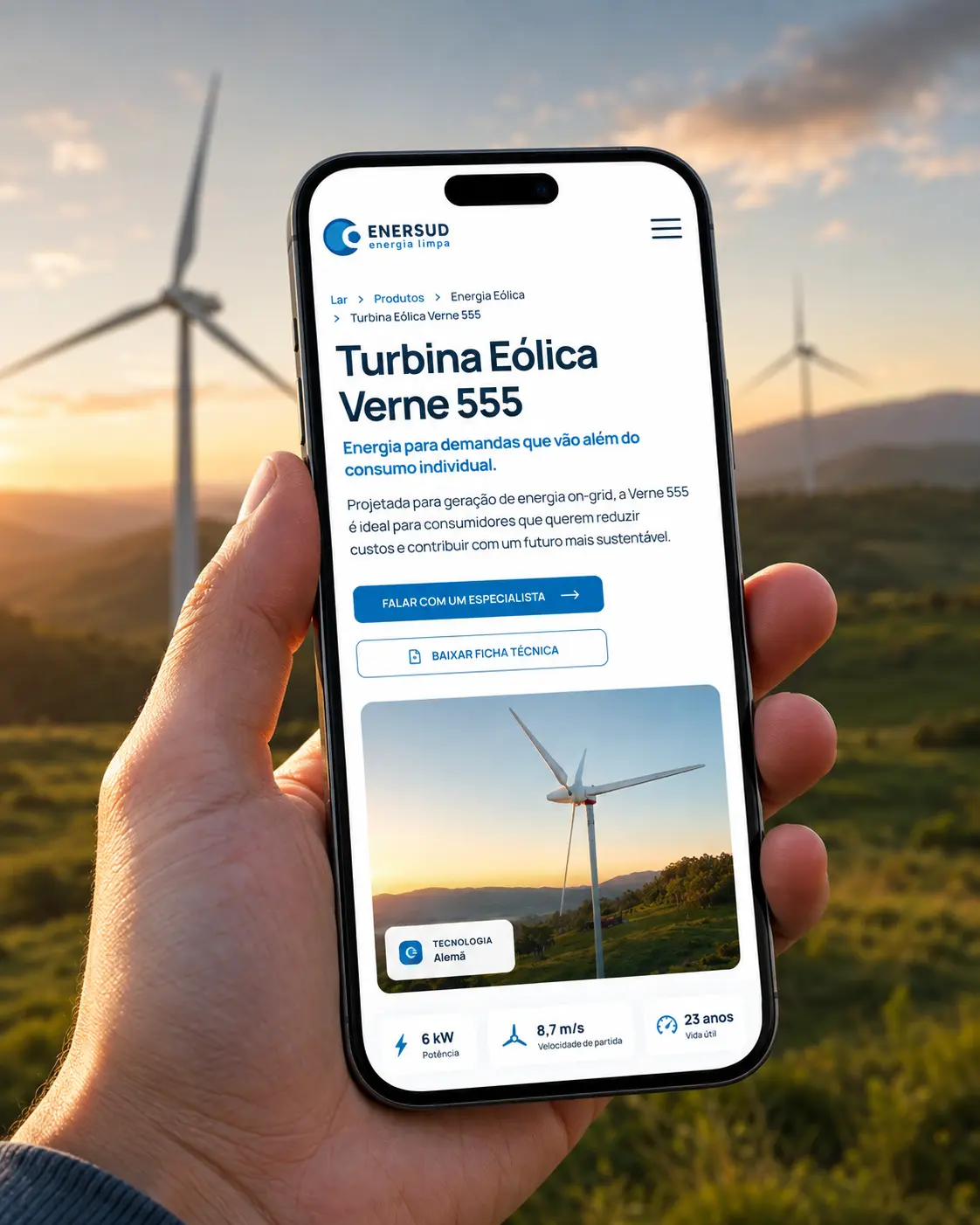 Experiência mobile da landing page Verne 555 em celular segurado por uma mão