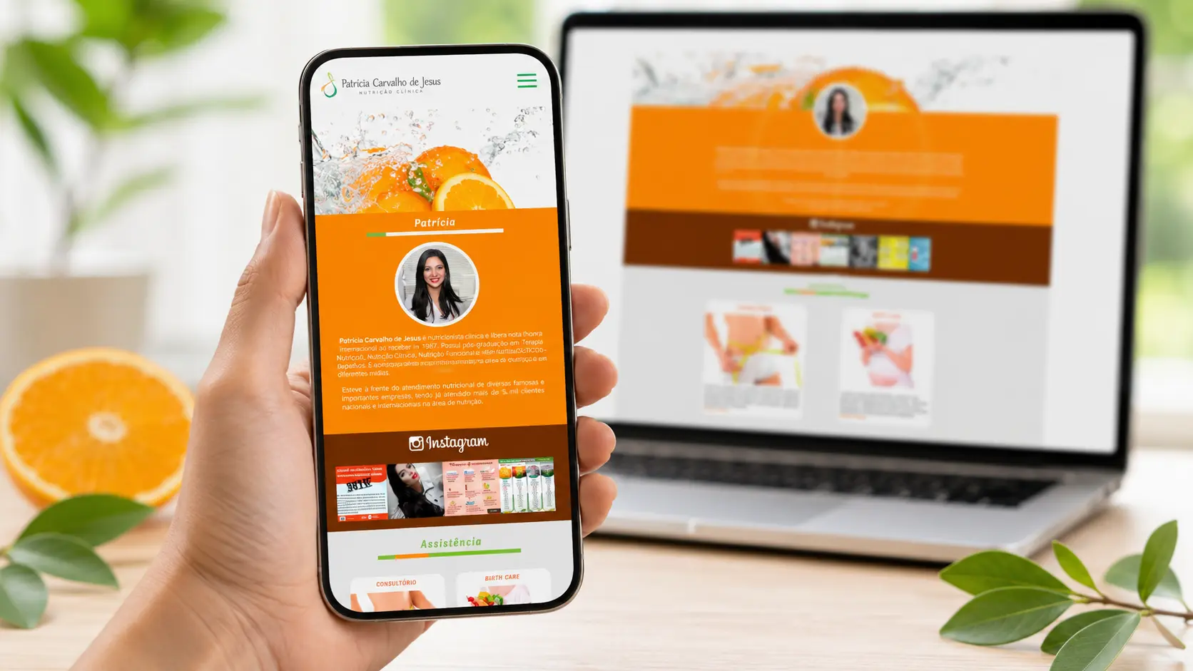 Apresentação final do site de nutrição com identidade visual em laranja e verde