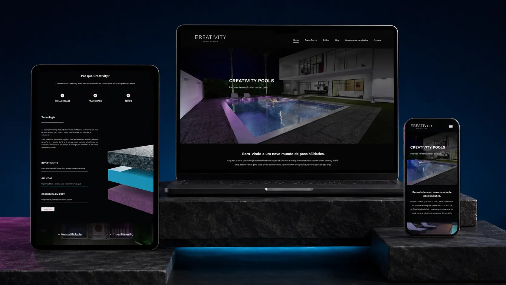 Apresentação do site Creativity Pools em notebook, tablet e celular
