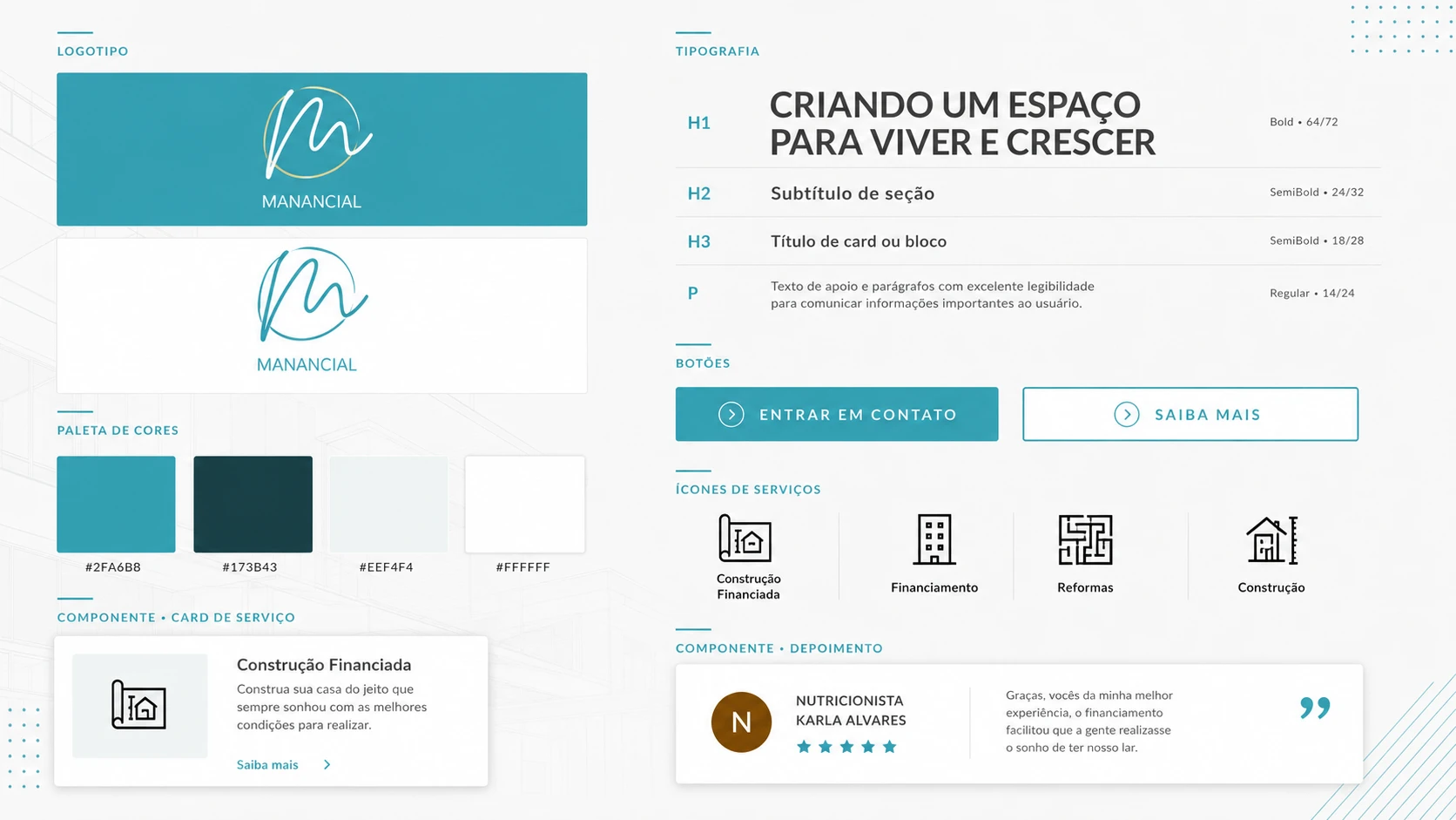 Identidade visual, cores e componentes criados para o site da Manancial