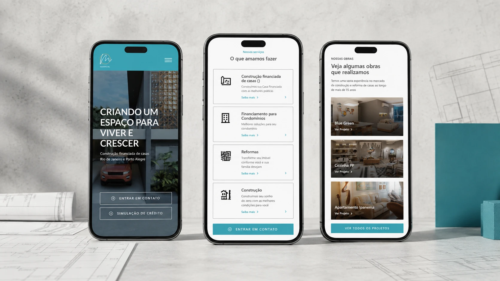 Design responsivo mobile criado para o site da Manancial Construtech